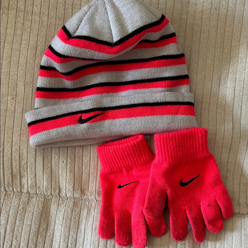 Nike Kids Grey Beanie with Pink & Black Stripes and Pink Gloves
